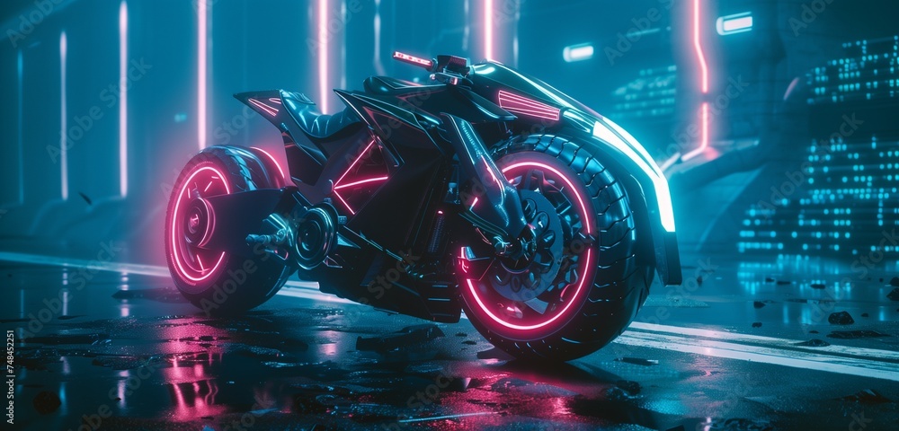 A striking AI-crafted image capturing the essence of a realistic cyberpunk motorbike, its sleek and imposing silhouette cutting through the darkness.