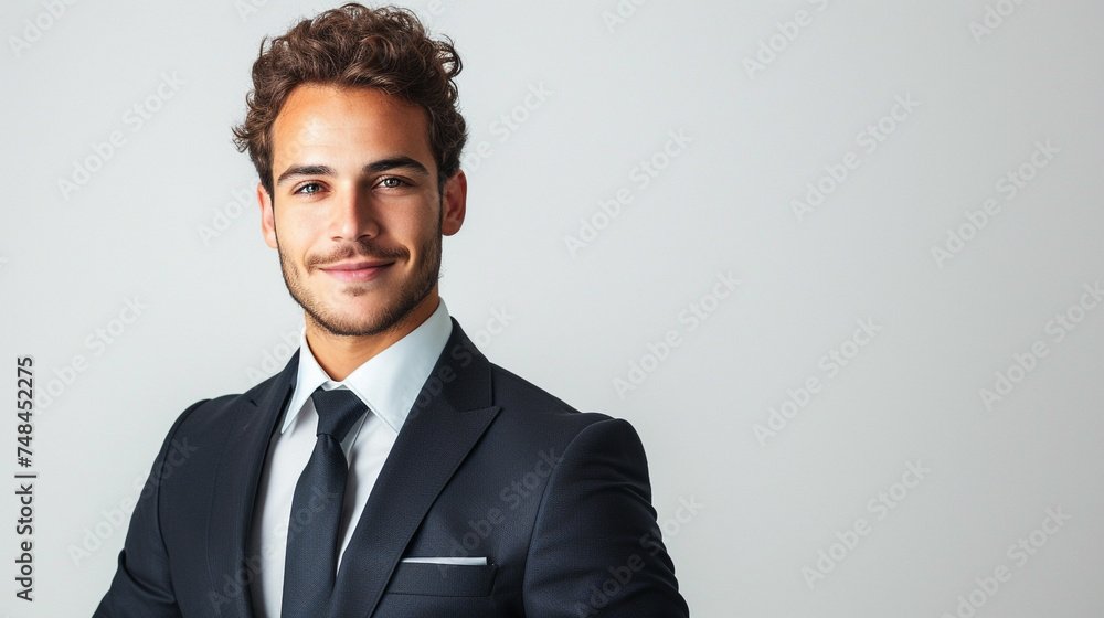A charismatic businessman in a well-tailored suit, his composed expression and captivating smile drawing viewers in against the simplicity of a white background - obrazy, fototapety, plakaty 