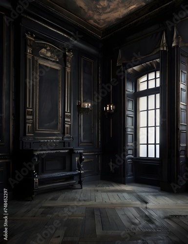 Haunted room wallpaper classical architecture  rustic texture  black background  grandiose composition. Generative AI