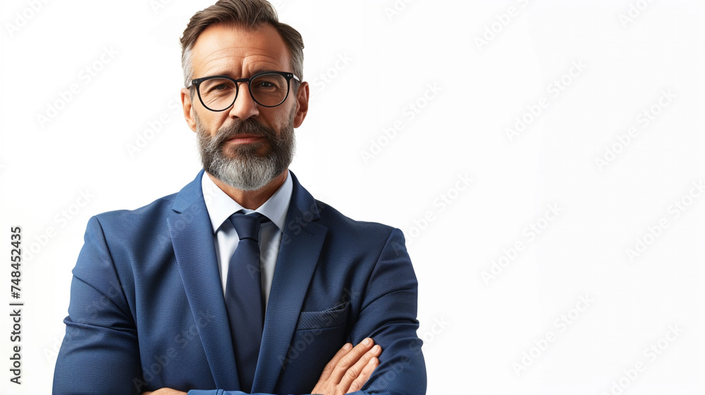 A confident businessman with a polished appearance, his approachable demeanor and magnetic gaze capturing attention against a clean white background - obrazy, fototapety, plakaty 