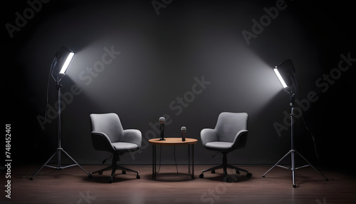  podcast interview room  background social media streamers concepts chairs microphones 2 photo