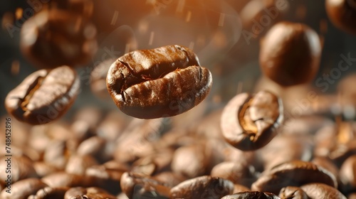 Closeup of coffee beans with focus on one