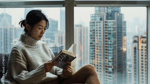 Uma mulher desfrutando de um momento tranquilo com livro e chá em frente à janela vista da cidade ao fundo
