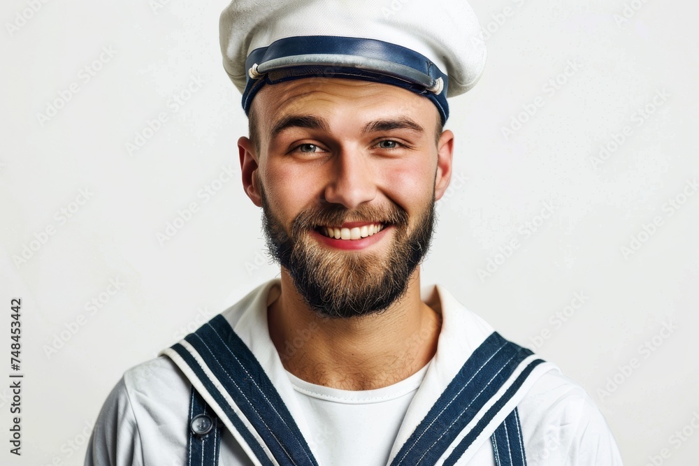 a seaman sailor man, his captivating smile complemented by the crisp elegance of his white uniform, evoking a sense of maritime grace. - obrazy, fototapety, plakaty 