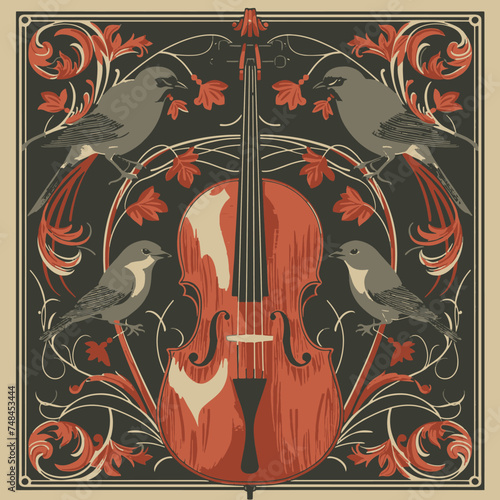 Cello musical instrument, violin, birds and nature background, classic, vintage