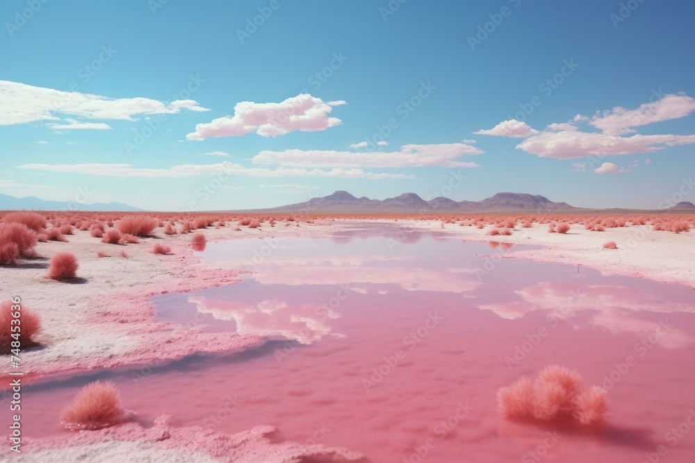 Unique Pink salt lake. Nature travel. Generate Ai