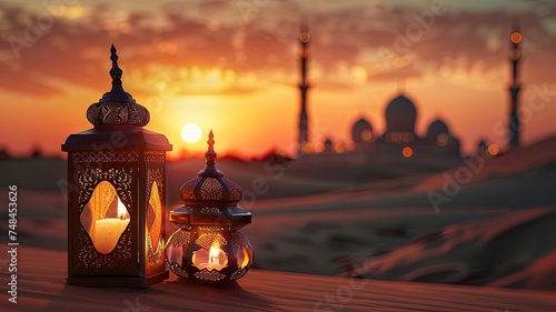 Arabic lanterns with burning candles in the desert with a mosque and sunset in the background, copy space - generative ai