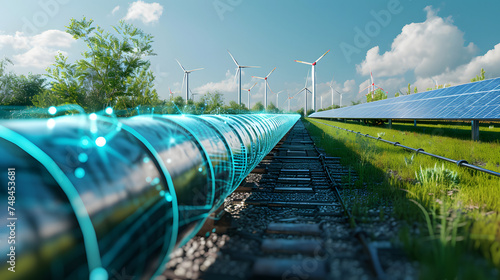 concept for green hydrogen production, showing a pipeline carrying hydrogen with wind turbines and solar panels in the background photo