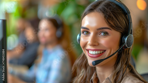 A smiling young woman with a headset in a busy call center, epitomizing effective customer service.