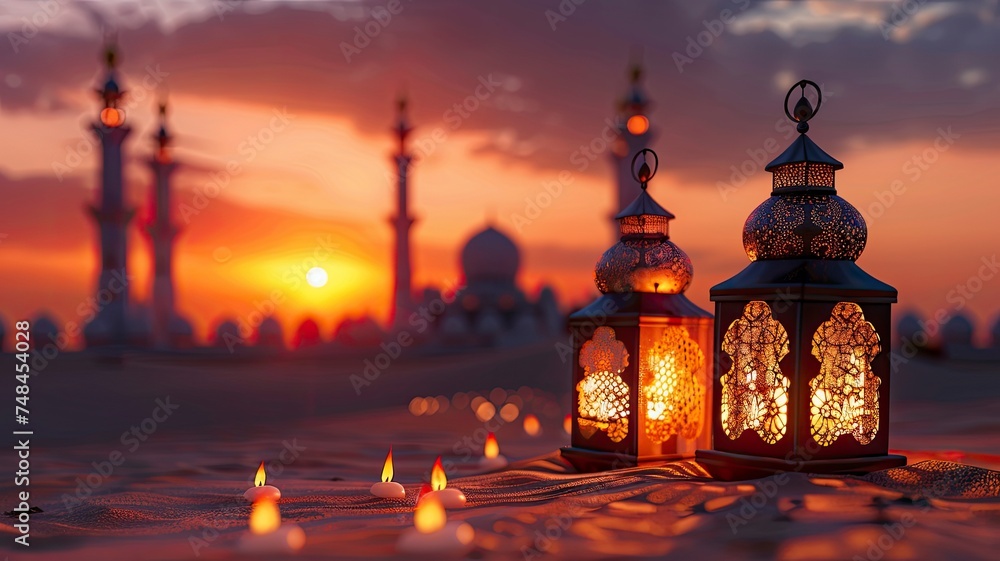 Arabic lanterns with burning candles in the desert with a mosque and sunset in the background, copy space - generative ai - obrazy, fototapety, plakaty 