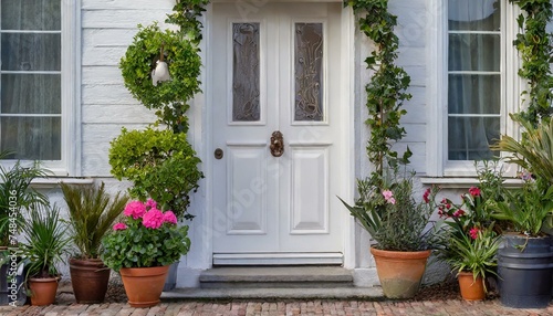 white front door, front door of a house adorned potted. © Ramkishan