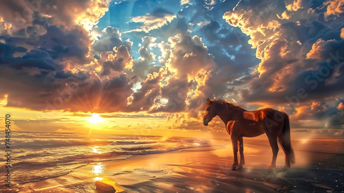 A brown horse standing on top of a sandy beach under a cloudy bl