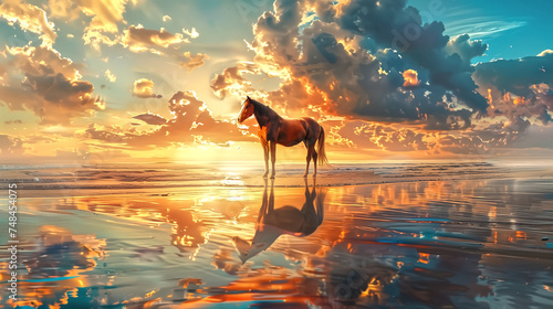 A brown horse standing on top of a sandy beach under a cloudy bl © pasakorn