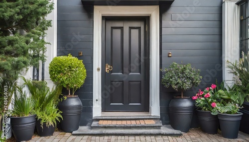 Black front door, front door of a house adorned potted plants. Front door, black front door.