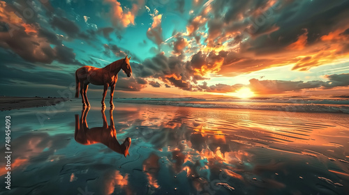 A brown horse standing on top of a sandy beach under a cloudy bl © pasakorn