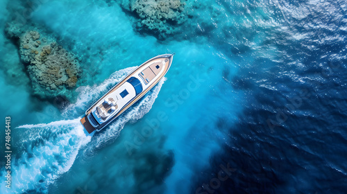 Aerial view of luxury motor boat. Speed boat on the azure sea in turquoise blue water - birdseye aerial view of boat. aerial view