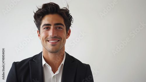 An assured businessman in a fitted suit greets the camera with a warm smile on a crisp white background