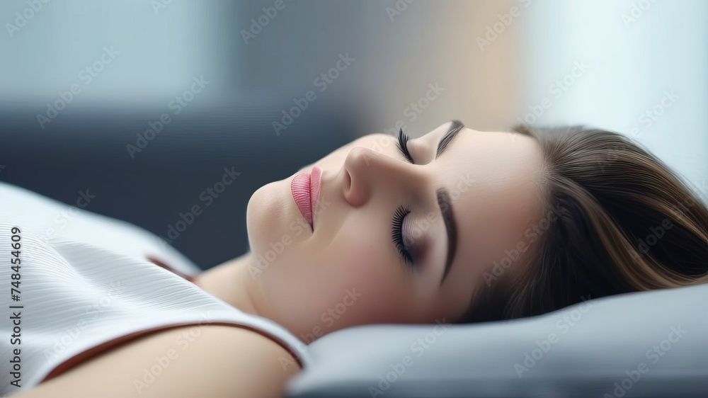 Beautiful girl sleeps in the bedroom. Young woman sleeping well in bed on soft pillow. Teenage girl resting, good night sleep concept. Lady enjoys fresh soft bedding linen and mattress. Beautiful girl sleeps in the bedroom. Young woman sleeping well in bed on soft pillow. Teenage girl resting, good night sleep concept. Lady enjoys fresh soft bedding linen and mattress.