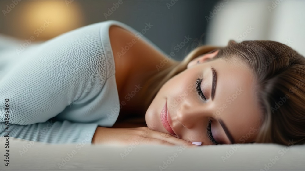 Beautiful girl sleeps in the bedroom. Young woman sleeping well in bed on soft white pillow. Teenage girl resting, good night sleep concept. Lady enjoys fresh soft bedding linen and mattress. Beautiful girl sleeps in the bedroom. Young woman sleeping well in bed on soft white pillow. Teenage girl resting, good night sleep concept. Lady enjoys fresh soft bedding linen and mattress.