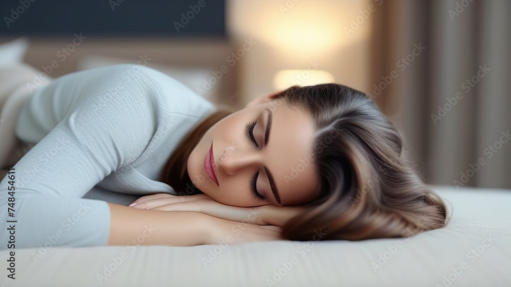 BeautifuBeautiful girl sleeps in the bedroom. Young woman sleeping well in bed on soft white pillow. Teenage girl resting, good night sleep concept. Lady enjoys fresh soft bedding linen and mattress. BeautifuBeautiful girl sleeps in the bedroom. Young woman sleeping well in bed on soft white pillow. Teenage girl resting, good night sleep concept. Lady enjoys fresh soft bedding linen and mattress.