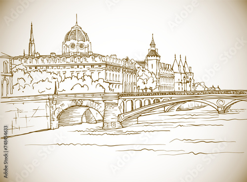 Nice view of ancient bridge in Paris. France. Hand drawn urban sketch. Sepia urban illustration. Vintage postcard style.