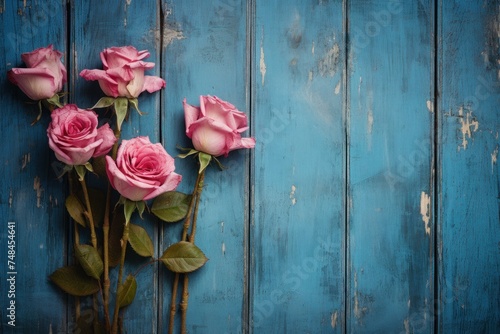 Colorful Pink roses blue wooden. Floral creative. Generate Ai