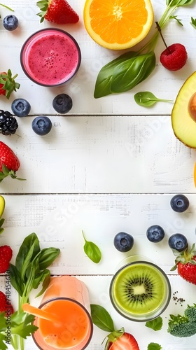 Smoothies and fresh ingredients on white wooden background, top view. Health or detox diet food concept.