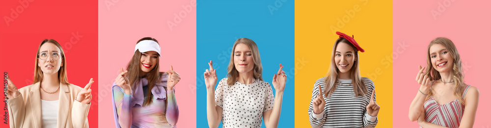 Collage of young women with crossed fingers on color background Collage of young women with crossed fingers on color background