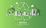 Recycle Symbol with city and green leaves, save the planet and energy concept, paper illustration, and 3d paper.