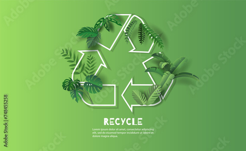 Recycle Symbol with green leaves, save the planet and energy concept, paper illustration, and 3d paper.