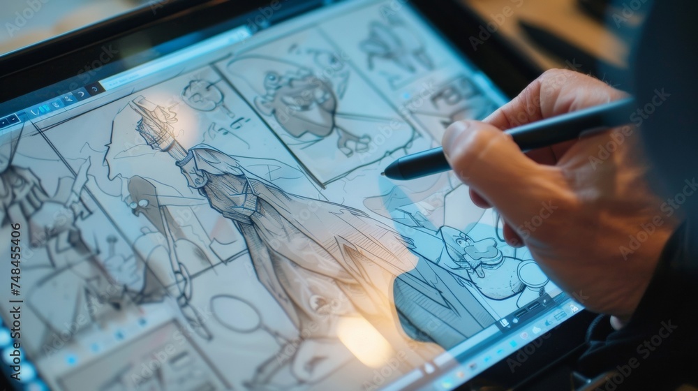 Closeup of a persons hand holding a tablet with a stylus as they use it to sketch out ideas for a new game. On the tablet screen various drawings and notes can be seen. Closeup of a persons hand holding a tablet with a stylus as they use it to sketch out ideas for a new game. On the tablet screen various drawings and notes can be seen.