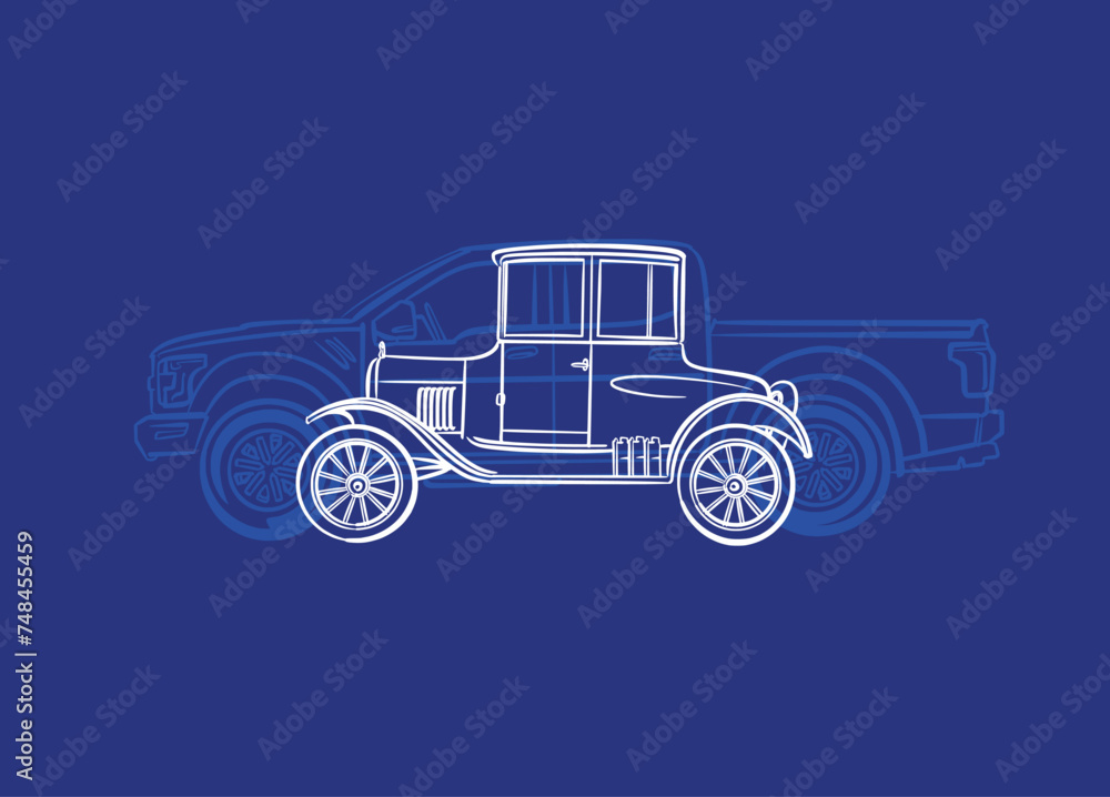 illustration of an off-road car and old fashion car
