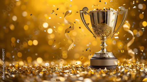 championship cup or winner trophy in golden and silver shiny chrome with celebration confetti and ribbon decoration as wide banner with copy space area