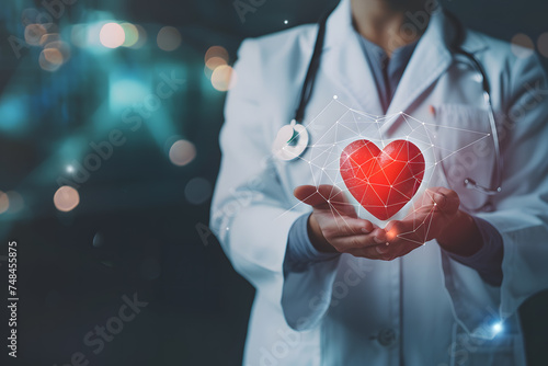 medicine doctor holding red heart hape in hand world health day backgrounf photo