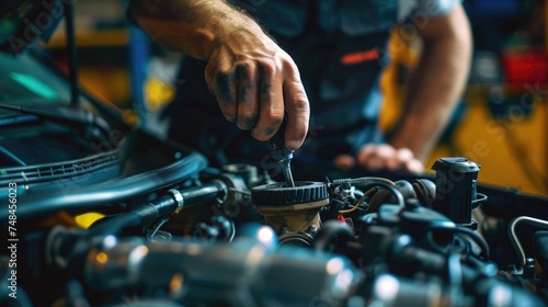 Close-up of a mechanic's hands repairing a car engine, depicting expertise in vehicle maintenance