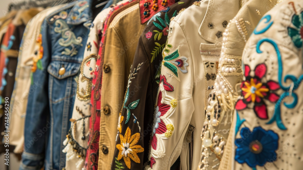 A rack of vintage jackets and blouses features unique details such as embroidered flowers fringe trim and oversized buttons adding a touch of personality to any outfit.