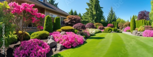 Front yard, landscape design With multicolored shrubs intersecting with bright green lawns Behind the house is a modern, garden care service, green grass with a beautiful yard for the background. photo