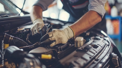 Close-up of a mechanic's hands repairing a car engine, depicting expertise in vehicle maintenance