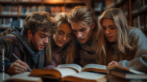 A group of college students studying together in a cozy library alcove photo