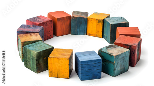 Gathering, centralization of data and people, concept image. Circle of colorful wooden blocks representing unity of diverse elements, on left side. Isolated on neutral white
