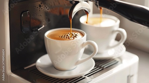 Close-up of an espresso machine brewing a hot  fresh cup of coffee  capturing the perfect morning start