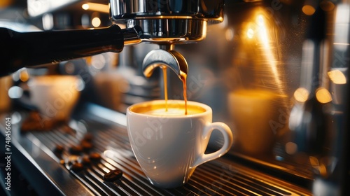 Close-up of an espresso machine brewing a hot, fresh cup of coffee, capturing the perfect morning start