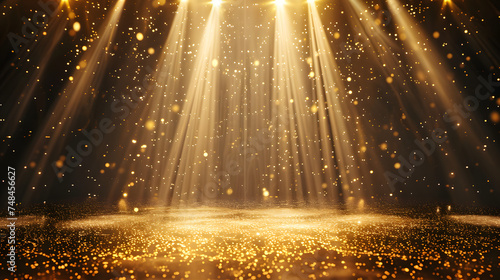 golden pedestal or podium with gold shiny stars background for luxury products. Platform illuminated by spotlights