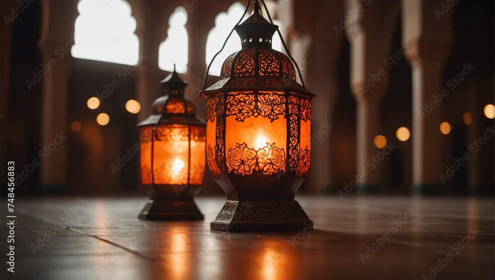 Illustration of an Islamic-themed lantern with a prayer room in the background 25 Illustration of an Islamic-themed lantern with a prayer room in the background 25