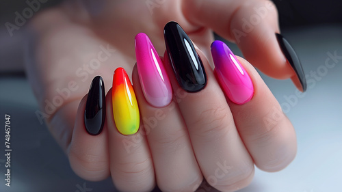A hand flaunting glossy, multicolored stiletto nails, each finger showcasing a different shade and design, embodying bold fashion and creativity.