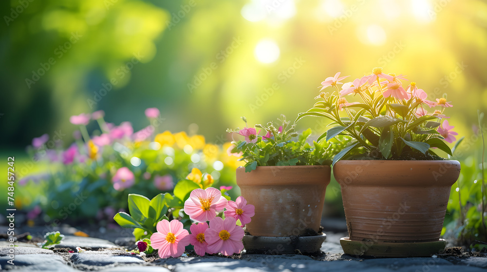 Gardening background with flowerpots in sunny spring or summer garden Gardening background with flowerpots in sunny spring or summer garden