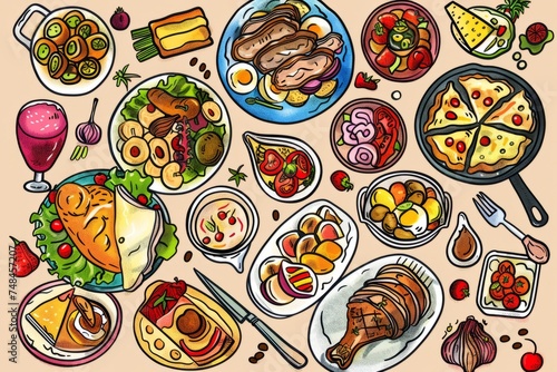 Cartoon cute doodles of a family potluck dinner, with everyone bringing their favorite dishes to share, Generative AI