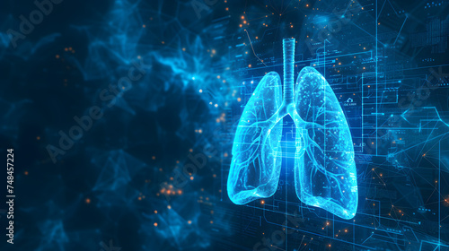 futuristic medical research or lungs health care with diagnosis and vitals biometrics for clinical hospital asthma and respiratory cancer and disease tests services as wide banner with copy