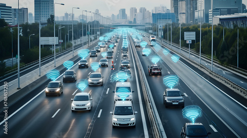 futuristic robotaxi or trucks fleet on highway with full self driving system activated for transportation autonomy concepts as wide banner with copy space area
