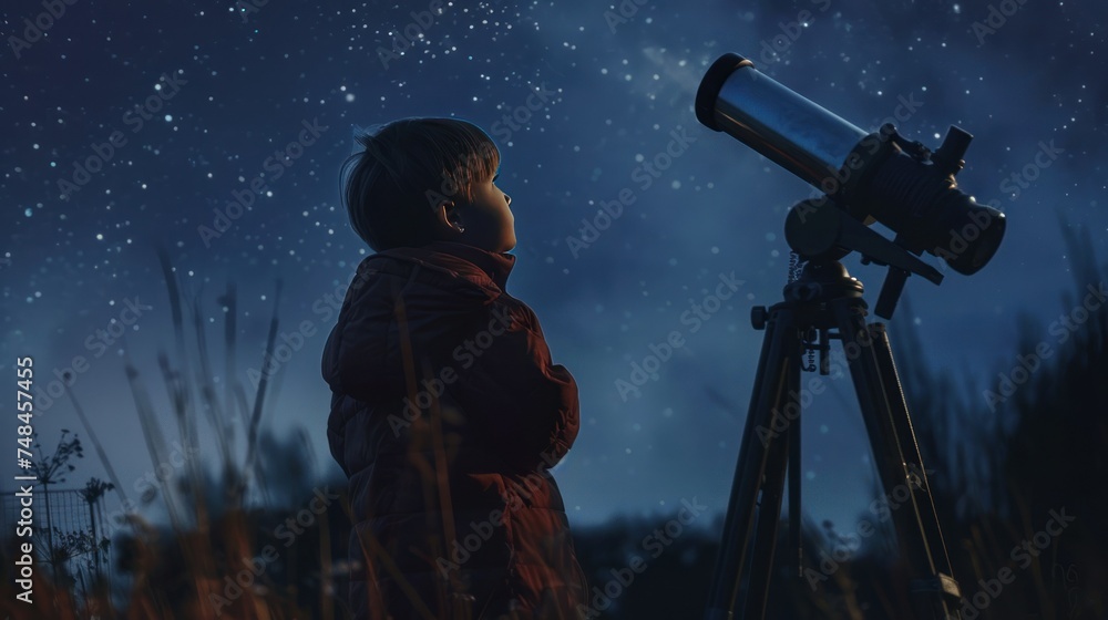 Young Astronomer Exploring the Night Sky, A child gazes upwards in awe at the starry night sky, with a telescope nearby, ready to unlock the mysteries of the universe.